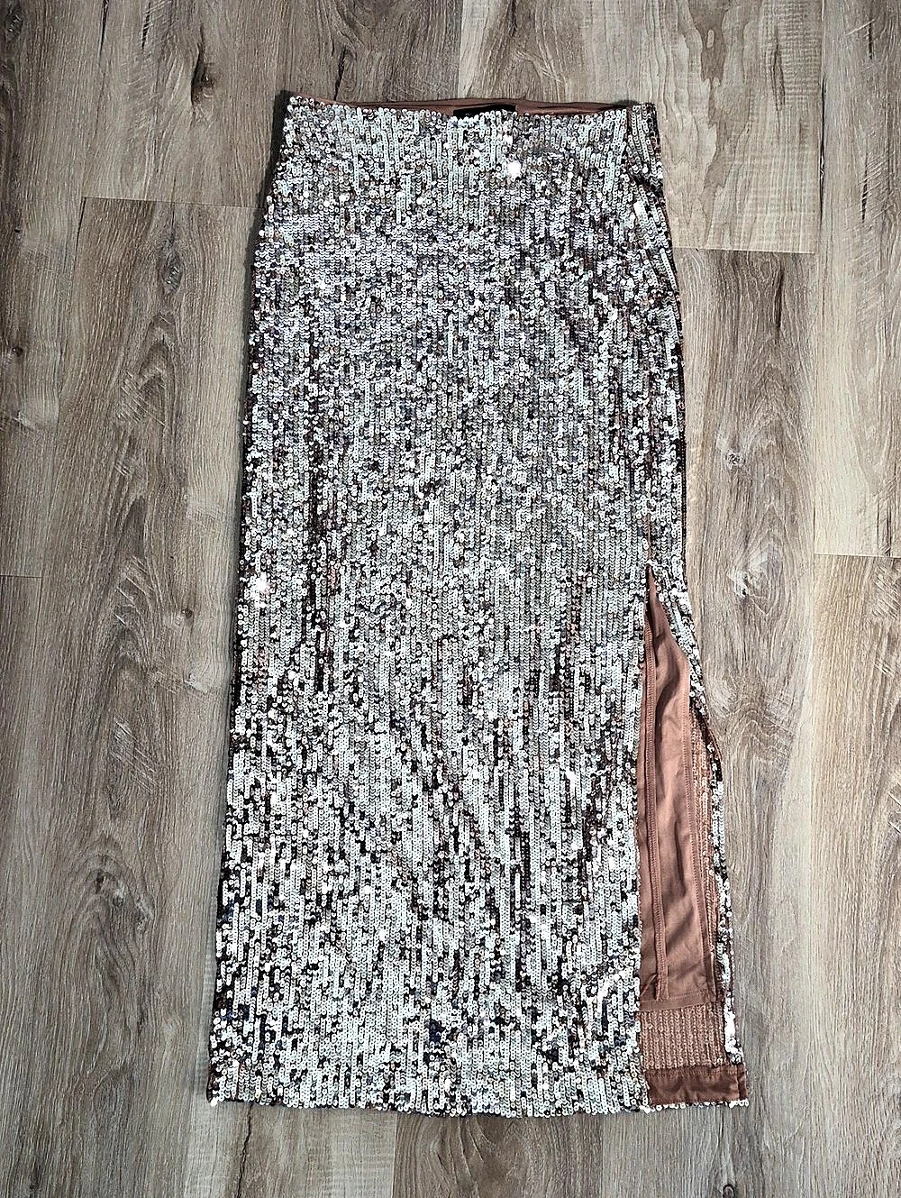 Dynamite Sequin Midi Skirt in Silver & Brown Size Medium Like New